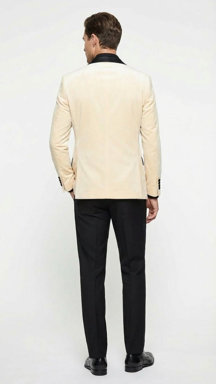 Mens Ivory Dinner Jacket - Cream Velvet Blazer with Black Satin Lapel | Wedding and Party Formal Sport Coat in off white