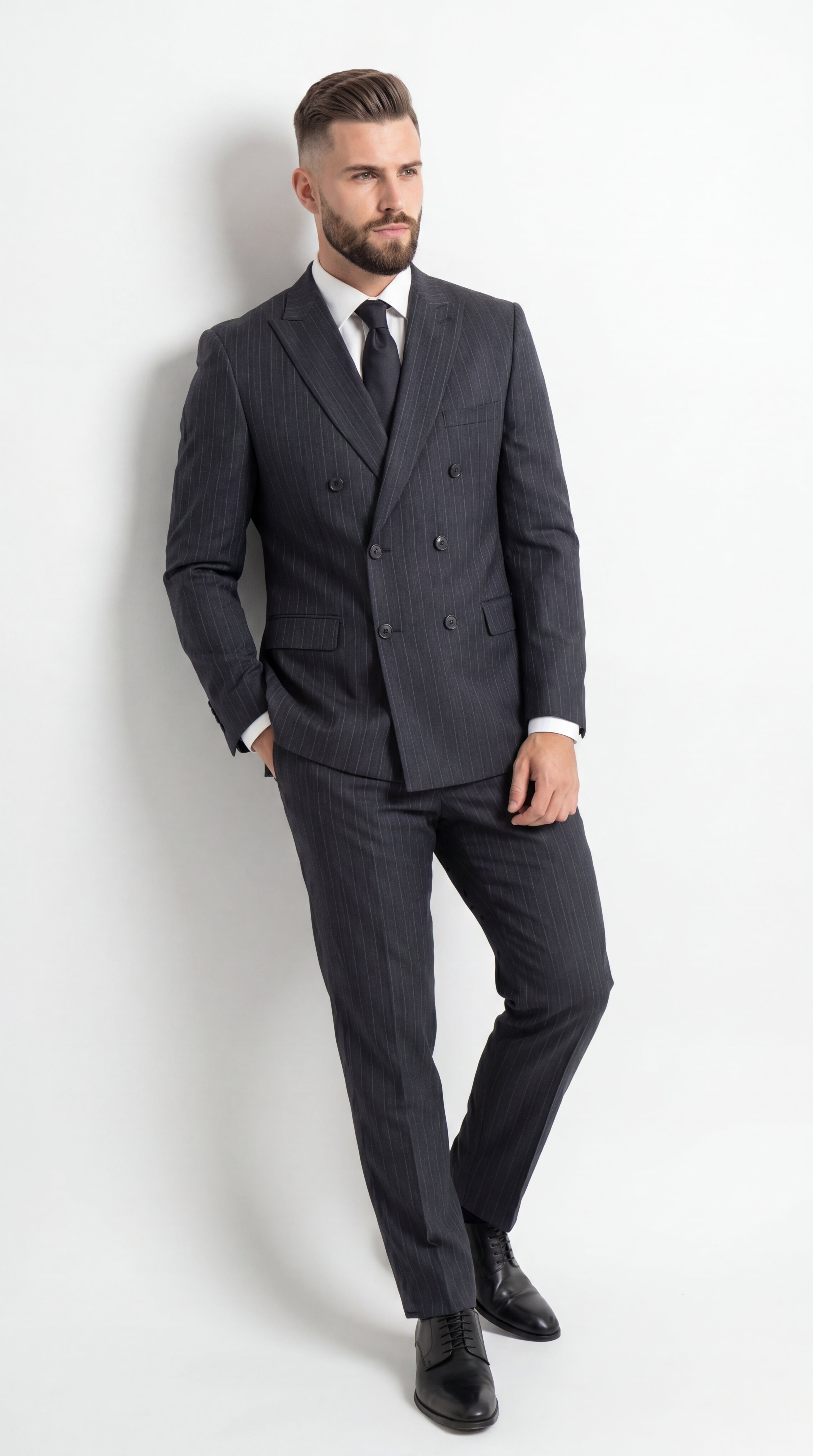 Men’s Black Pinstripe Double Breasted Suit – Classic Formal Business Suit Office and Evening Wear Modern Fit Conservative pattern