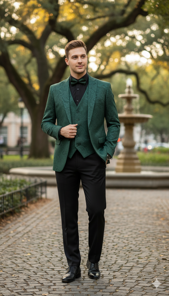Mens Emerald Green Paisley Tuxedo 3-Piece Suit Slim Fit Formal Blazer, Vest, and Pants for Weddings, Proms