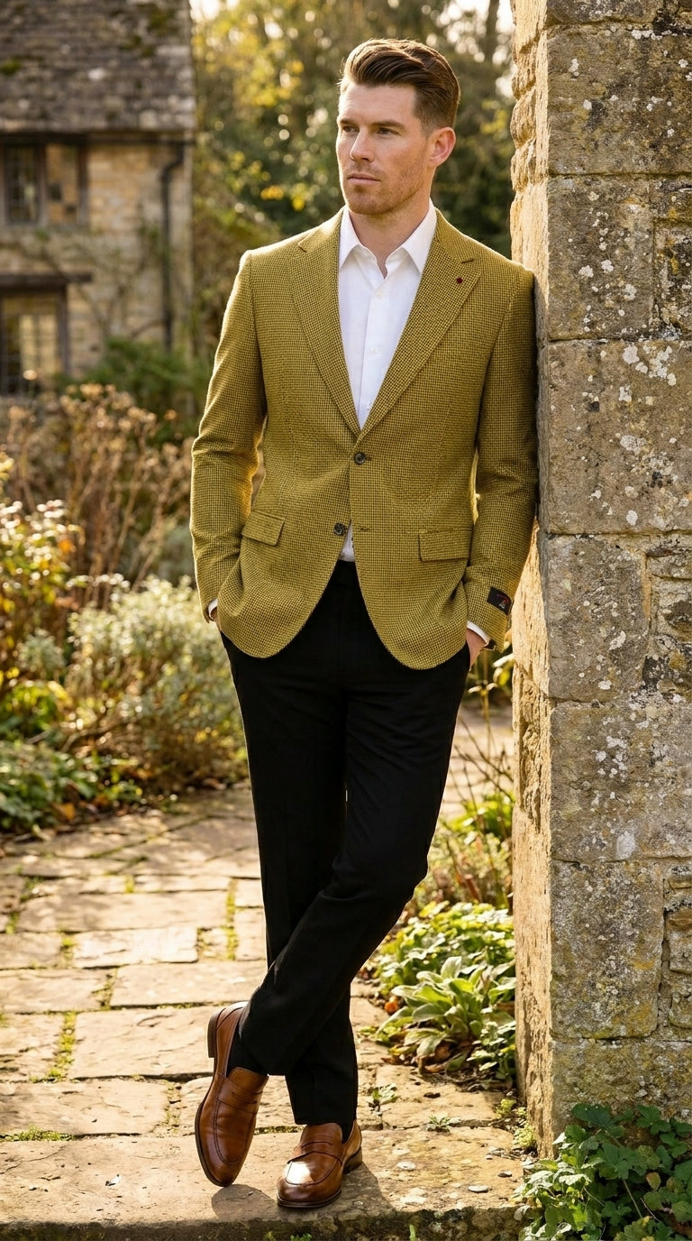 Men’s Mustard Gold Yellow Houndstooth Blazer Jacket, Check Pattern Formal Sport Coat for Weddings, Prom, Business 2 Buttons Modern Fit - 36 Short