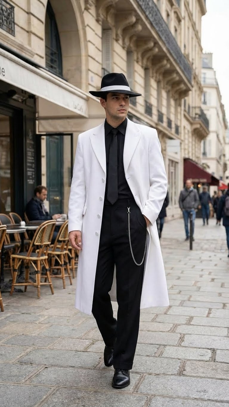 Men’s White Long Zoot Style Suit  | Vintage Gangster Mafia Formal Coat with Black Pants - 34 Short or Extra Small