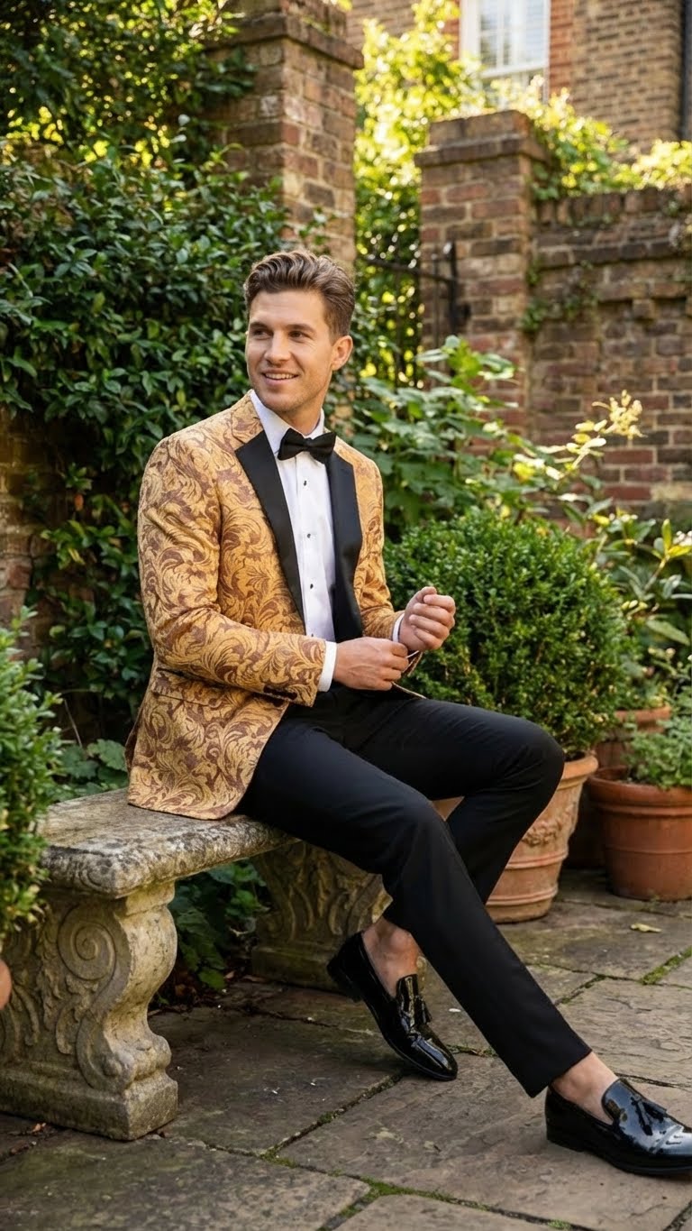 Menâ€™s Yellow Gold Baroque Pattern Tuxedo Blazer Suit â€“ Party and Wedding Jacket Prom Paisley Black Pants - 36 Short