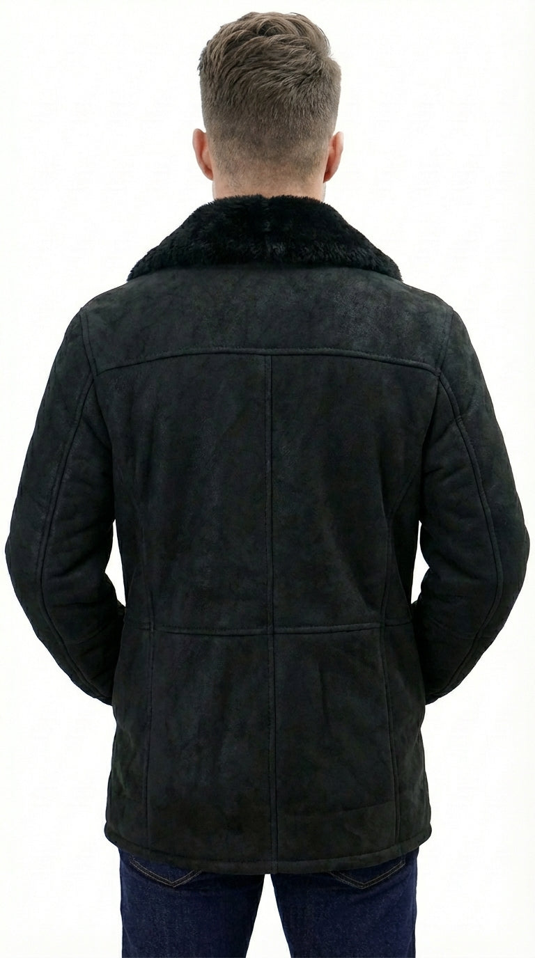 Men’s Black Sheepskin Leather Jacket Cowboy – Warm Faux Fur Collar Coat, Winter Long Jacket, Casual Western Style Outerwear - S