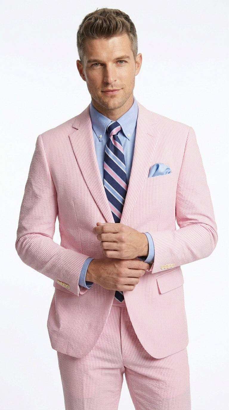 Men’s Pink Seersucker 2 Piece Suit, Lightweight Summer Dress Suit for Weddings, Prom, Parties, and Special Occasions - 34 Short or Extra Small
