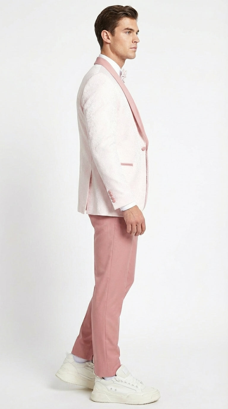 Men’s Cream and Rose Pink Prom Suit – Cream Tuxedo Jacket with Rose Pink Pants and Shawl Lapel Formal Suit for Prom and Wedding - 34 Short or Extra Small