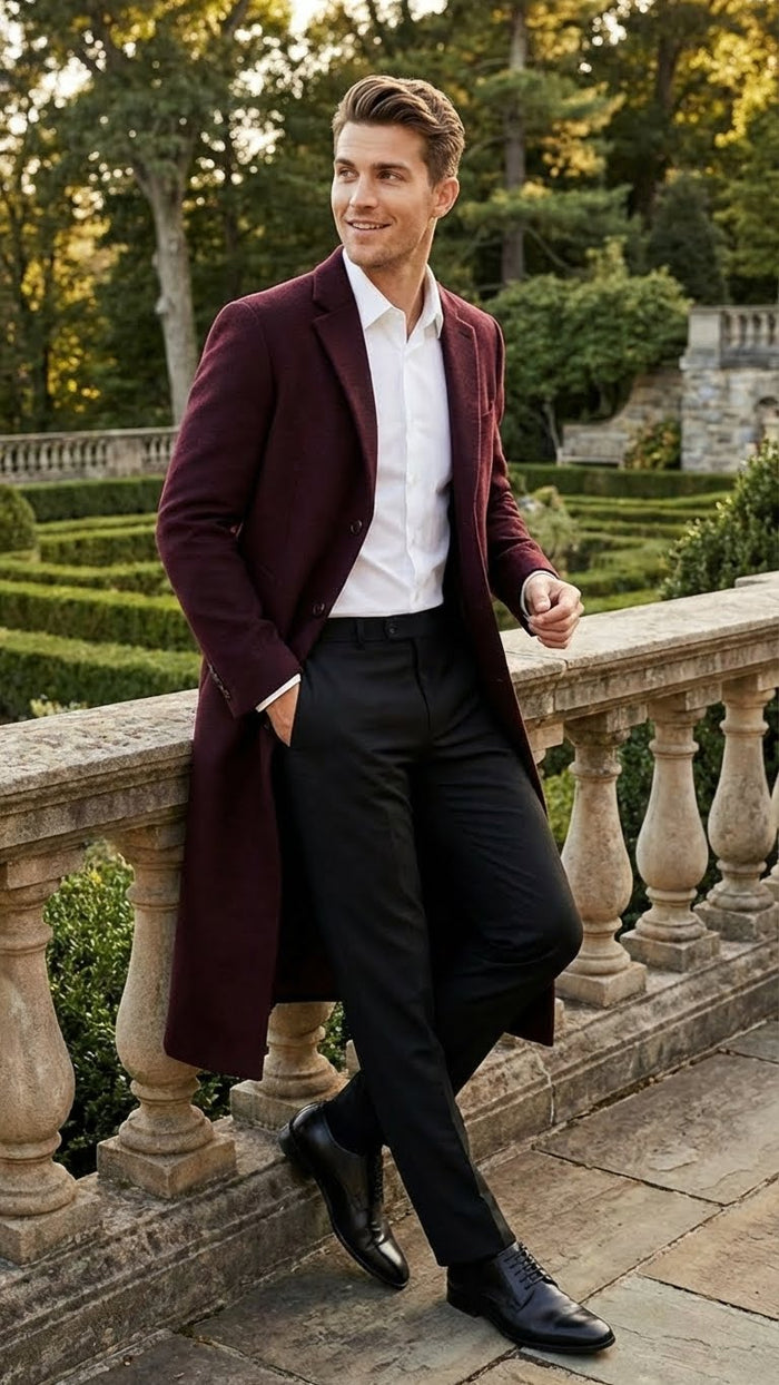 Mens Burgundy Long Coat Classic Fit Wool Blend Overcoat - Topcoat Full length