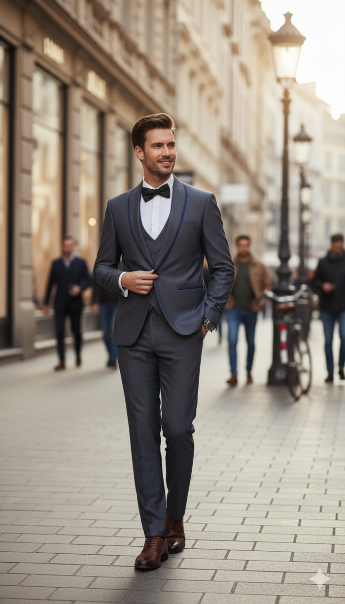 Mens Charcoal Gray with blue Trim Slim Fit 3-Piece Suit Modern Wedding and Business Formal Tuxedo Set