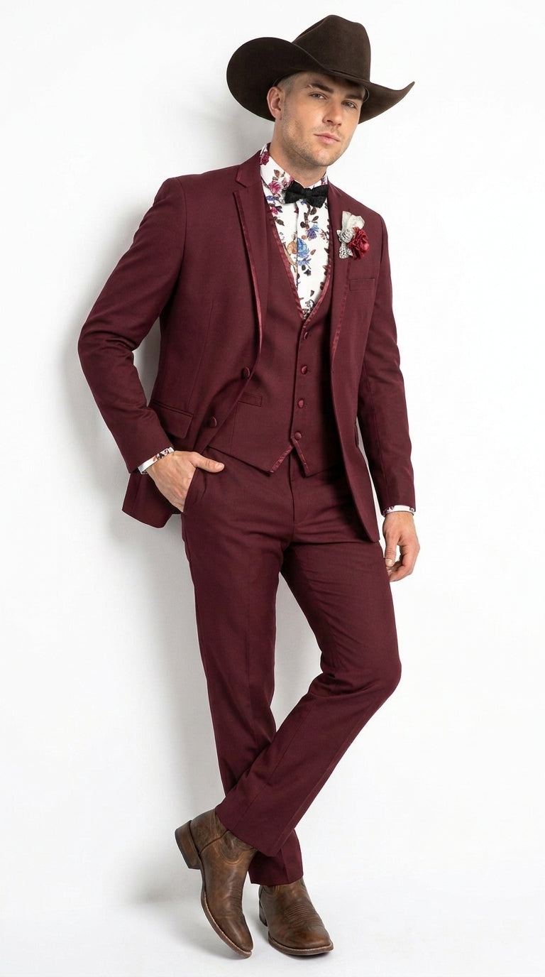 Men’s Burgundy Western Tuxedo Suit, 3 Piece Cowboy Formal Wedding Prom Suit with Satin Trim - 34 Short or Extra Small