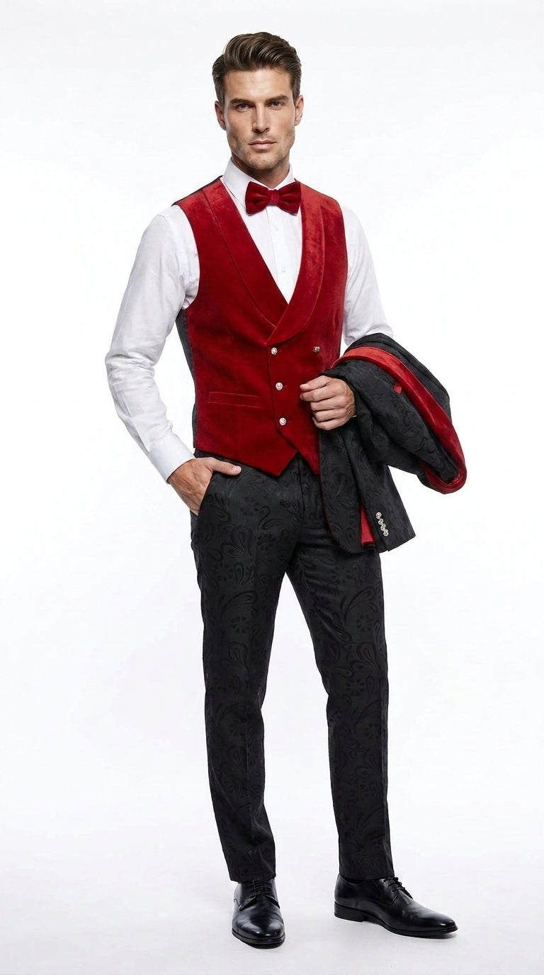 Men’s Black Paisley Tuxedo with Red Velvet Shawl Lapel – 3 Piece Wedding Prom Suit With Matching Bowtie - 34 Short or Extra Small