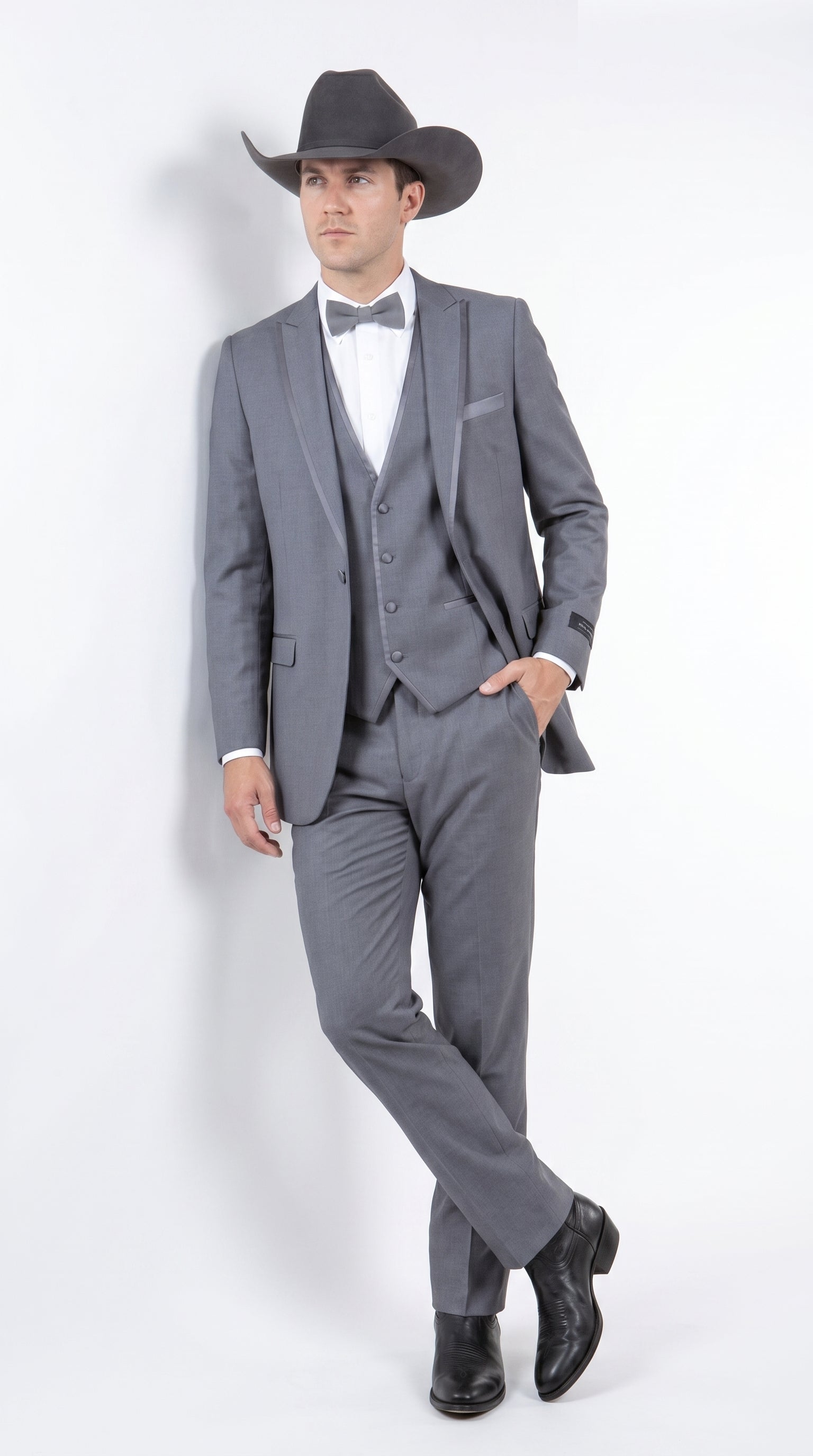 Men's Medium Grey Western 3-Piece Tuxedo Suit with Vest – Cowboy Style Formal Country Outfit - 34 Short or Extra Small
