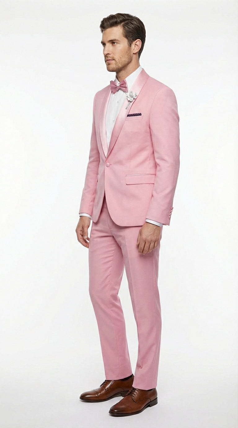 Mens Dusty Rose Pink Summer Tuxedo – Satin Shawl Lapel Formal Wedding Prom Suit - 34 Short or Extra Small