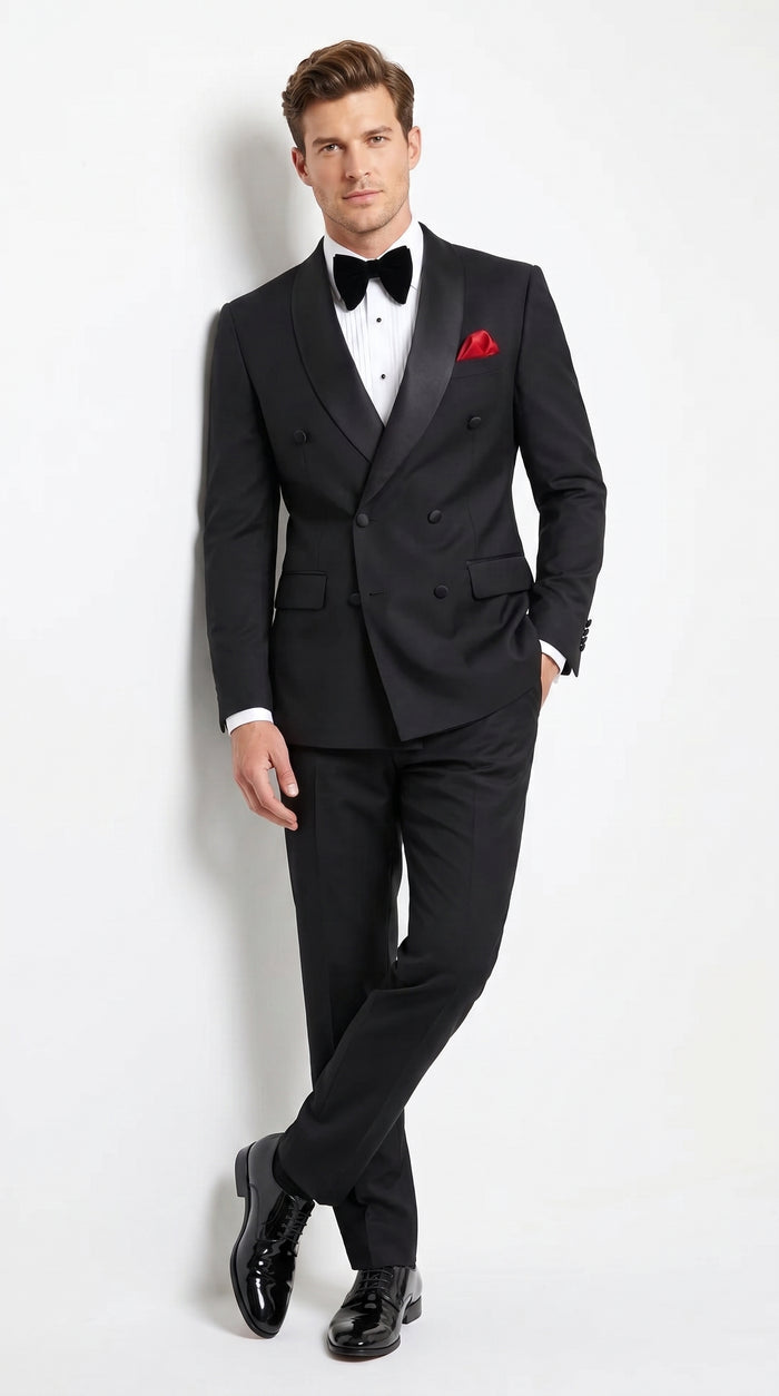 Men’s Black Double Breasted Evening Wear Suit with Satin Shawl Lapel and Red Pocket Square