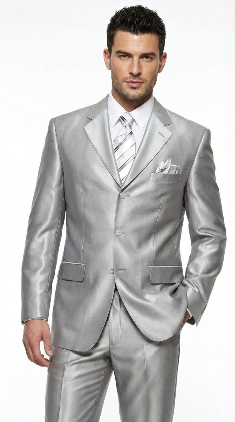 Men’s Silver Grey Sharkskin Suit – 3 Button Classic Fit Shiny Formal Suit for Wedding, Business and Party Wear - 34 Short or Extra Small