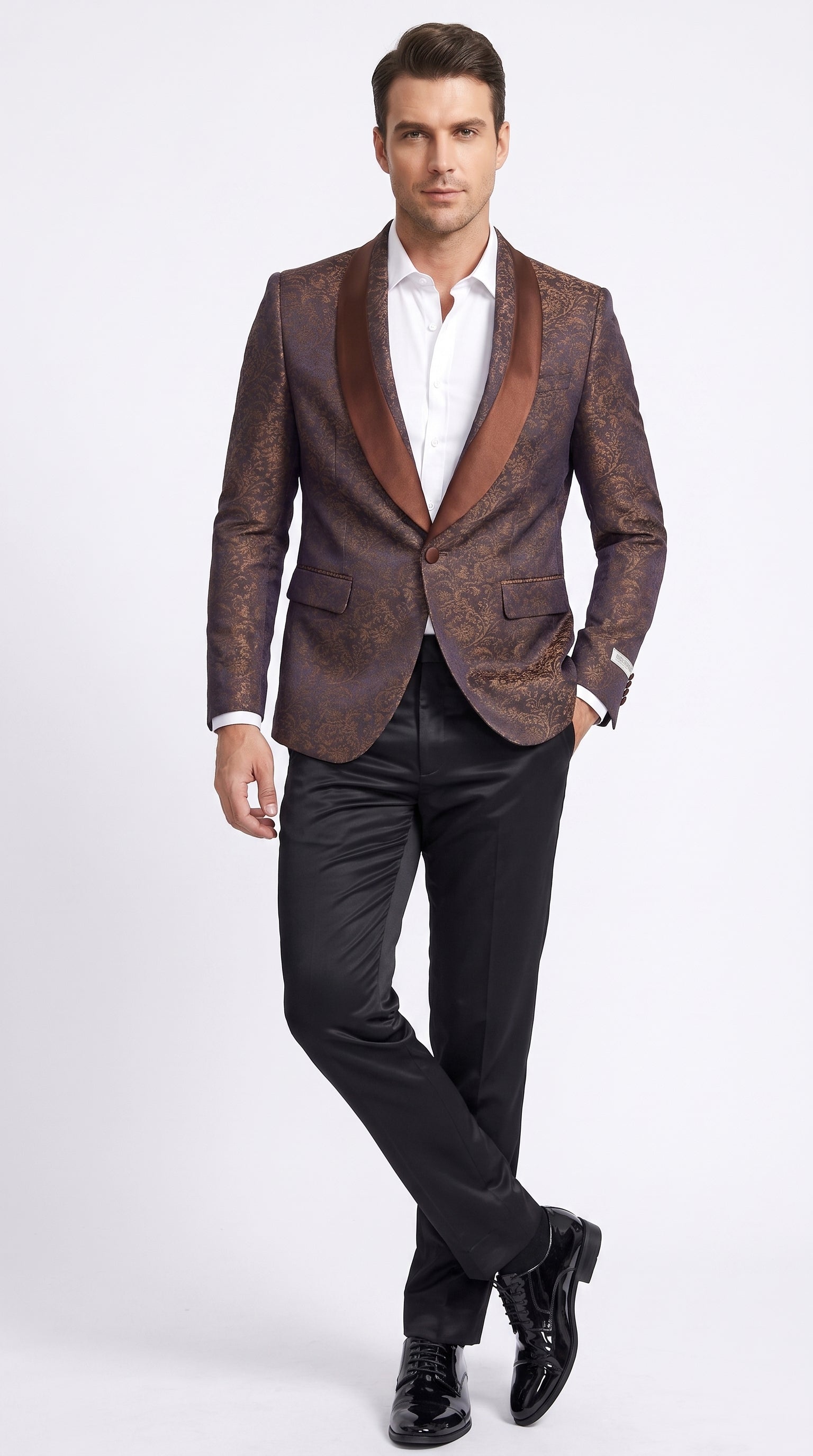 Men’s Light Brown Paisley Tuxedo Jacket, Wedding Prom Dinner Blazer with Satin Shawl Lapel - 36 Short