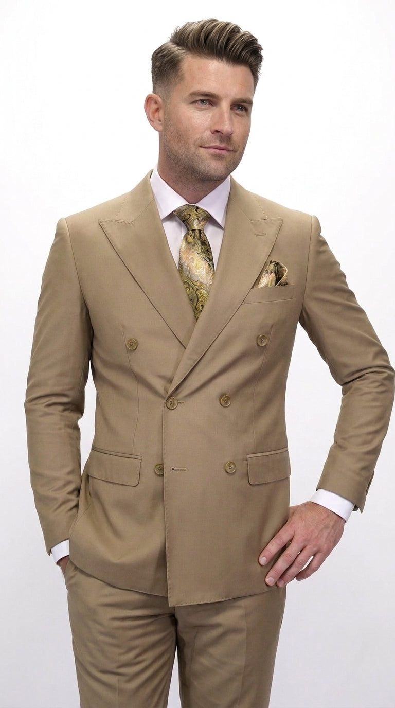 Men’s Statement Brand Caramel Khaki Double Breasted Wool Suit, Designer Formal Business Suit Set Wool Suit in Camel Color - 34 Short or Extra Small