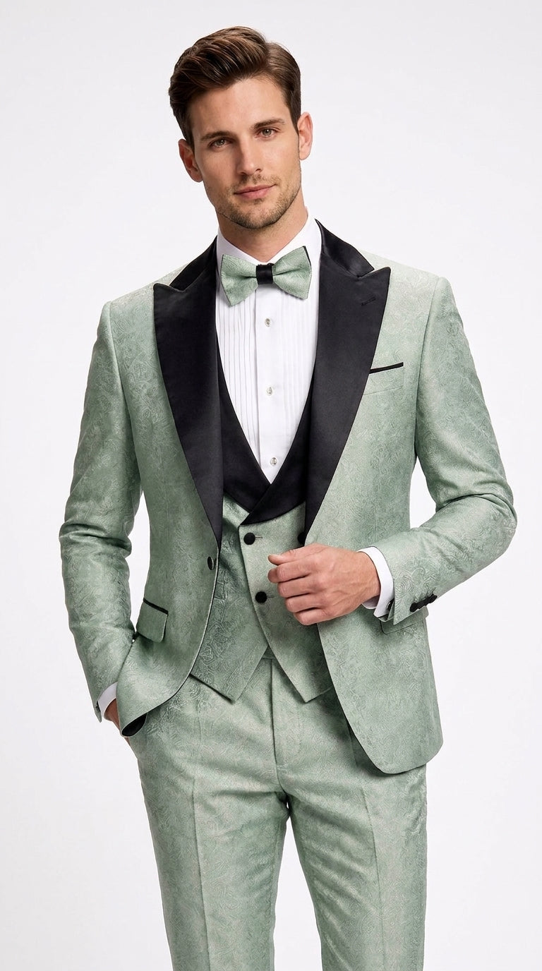 Men’s Sage Green Wedding Tuxedo with Black Shawl Lapel – 3 Piece Groom Prom Suit Mintish Color - 34 Short or Extra Small