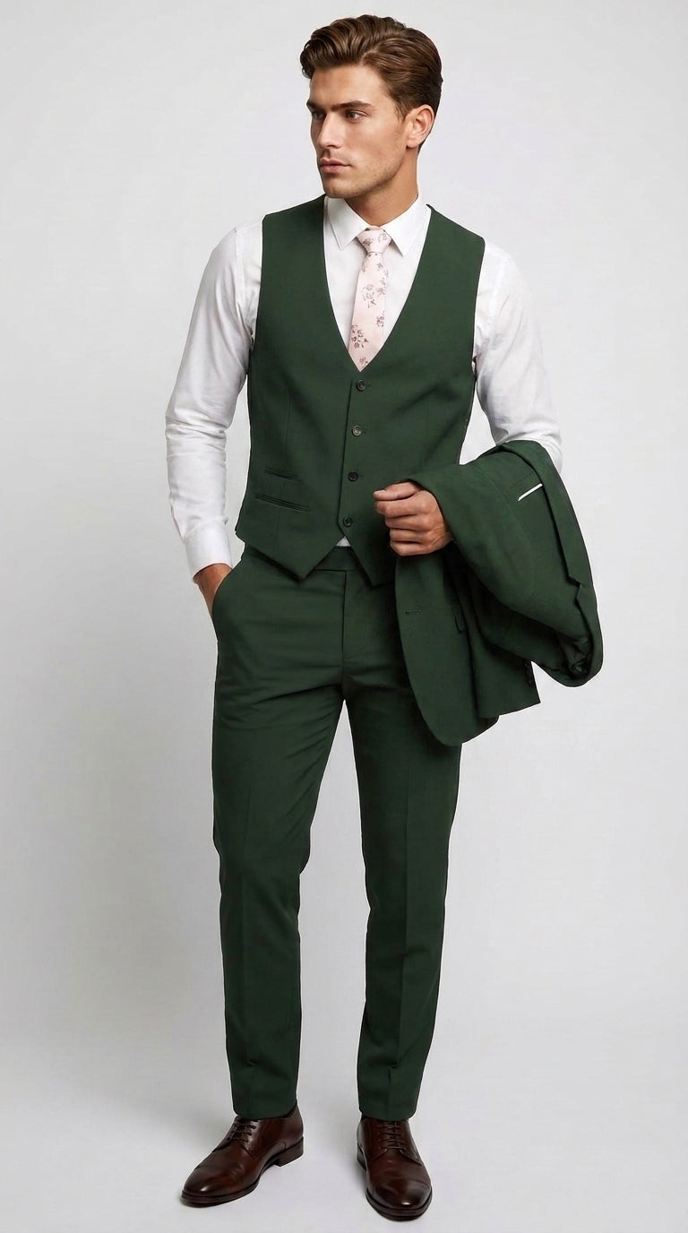 Men’s Forest Green 3 Piece Wedding Suit, Formal Groom Groomsmen Dress Suit Set - 34 Short or Extra Small