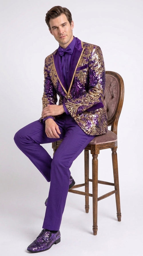 Men’s Purple and Gold Sequin Suit with Pants – Luxury Prom, Wedding and Party Blazer