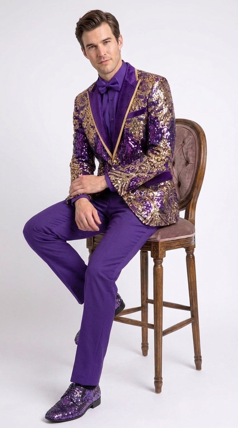 Men’s Purple and Gold Sequin Suit with Pants – Luxury Prom, Wedding and Party Blazer - 34 Short or Extra Small
