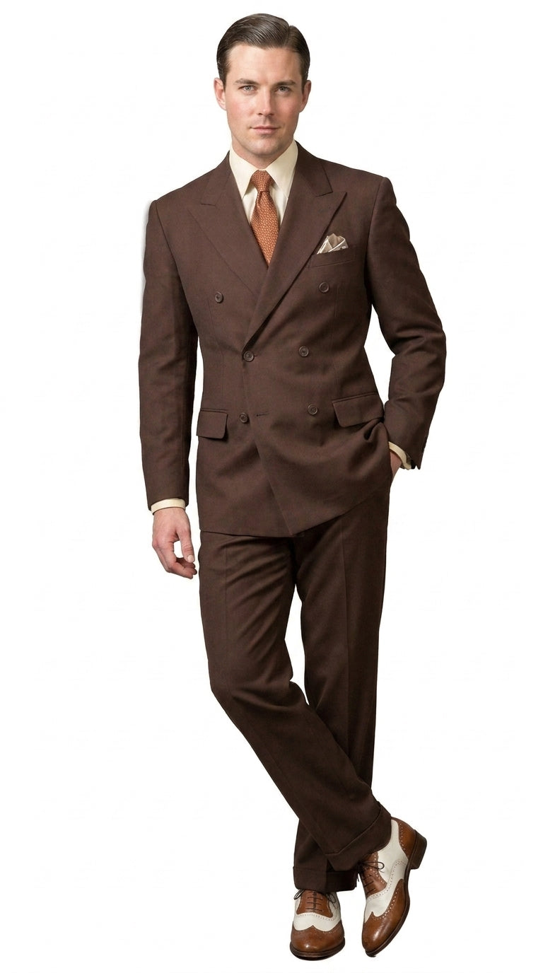 Men’s Brown Vintage Double Breasted Suit, Classic 1940s Style Formal Wedding Business Suit Set