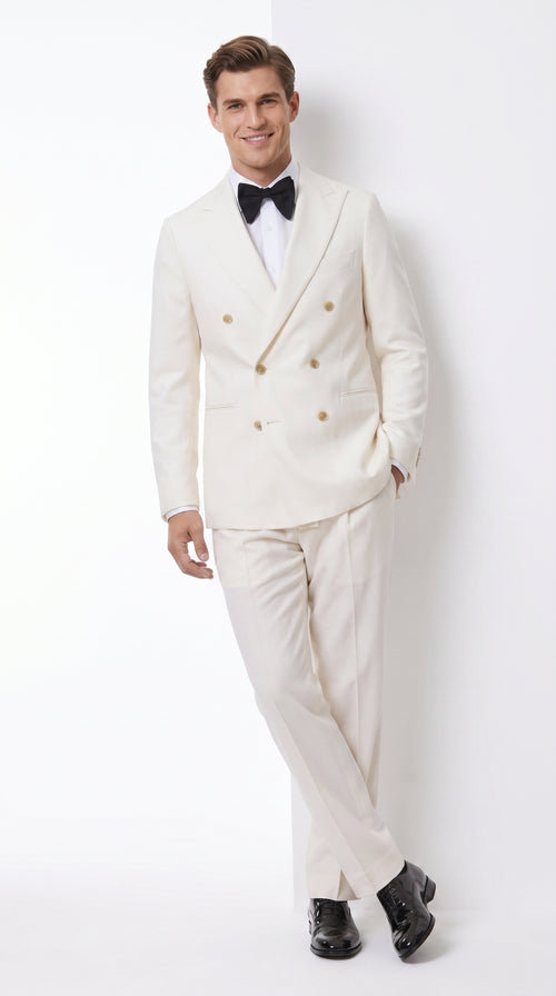 Men’s Ivory Double-Breasted Tuxedo – Gold Button Wedding, Prom and Formal Suit