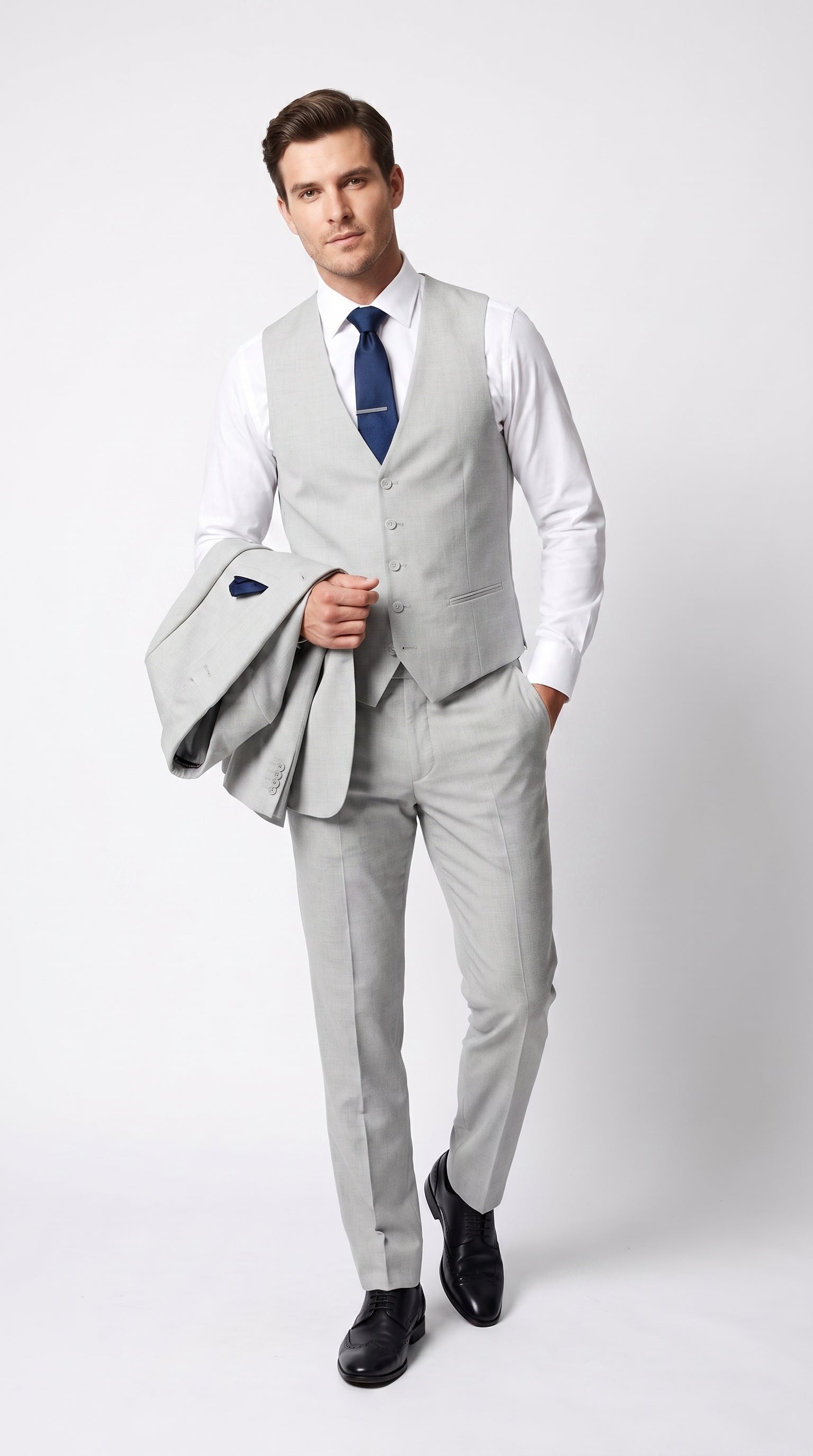Men’s Silver & Navy Blue 3-Piece Suit – Wedding, Business and Formal Suit with Free Matching Tie - 34 Short or Extra Small