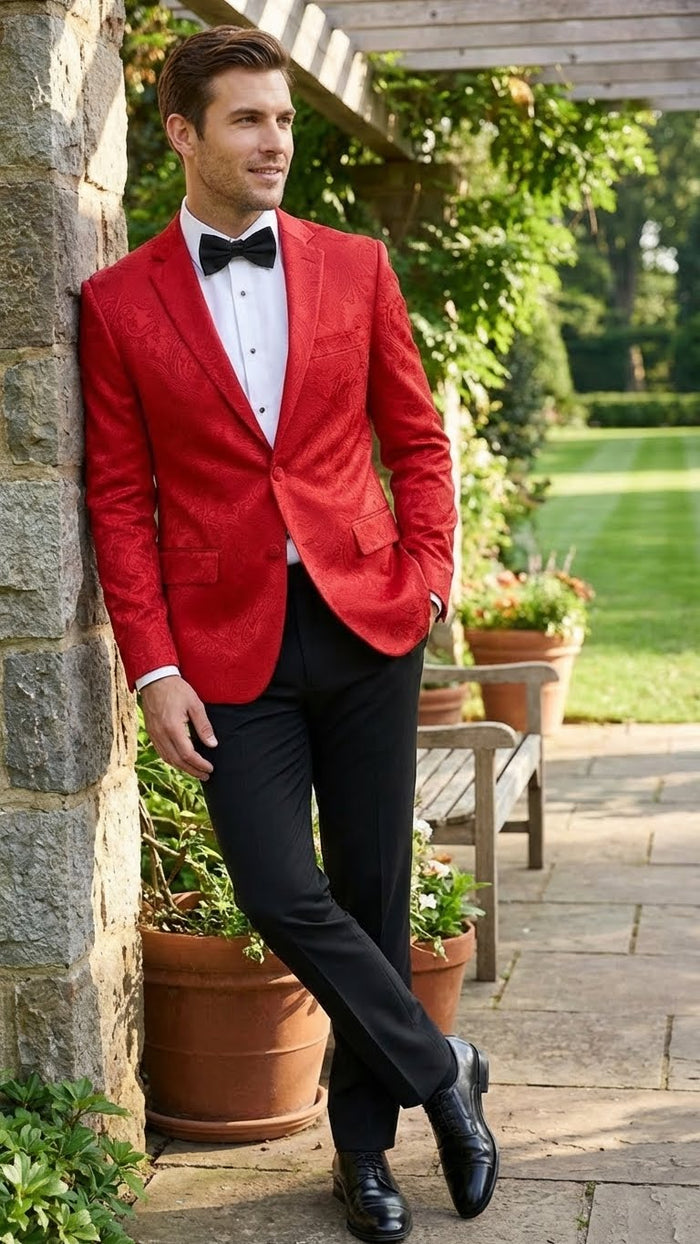 Mens Red Paisley Velvet Blazer - Christmas new year Sport Coat Jacket - Prom 2026 Collection