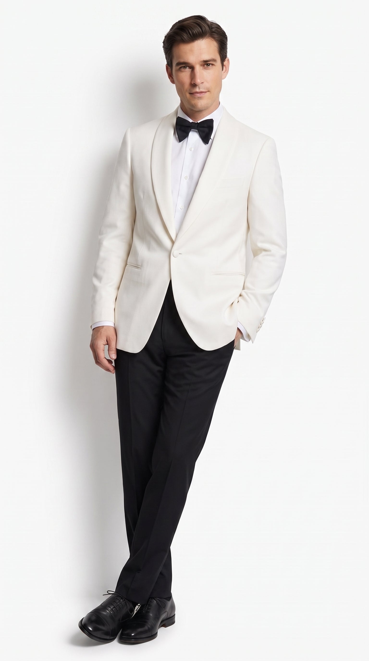 Men’s Vintage Hollywood Ivory Tuxedo – Black Shawl Lapel Wedding, Prom and Formal Dinner Jacket with Black Pants