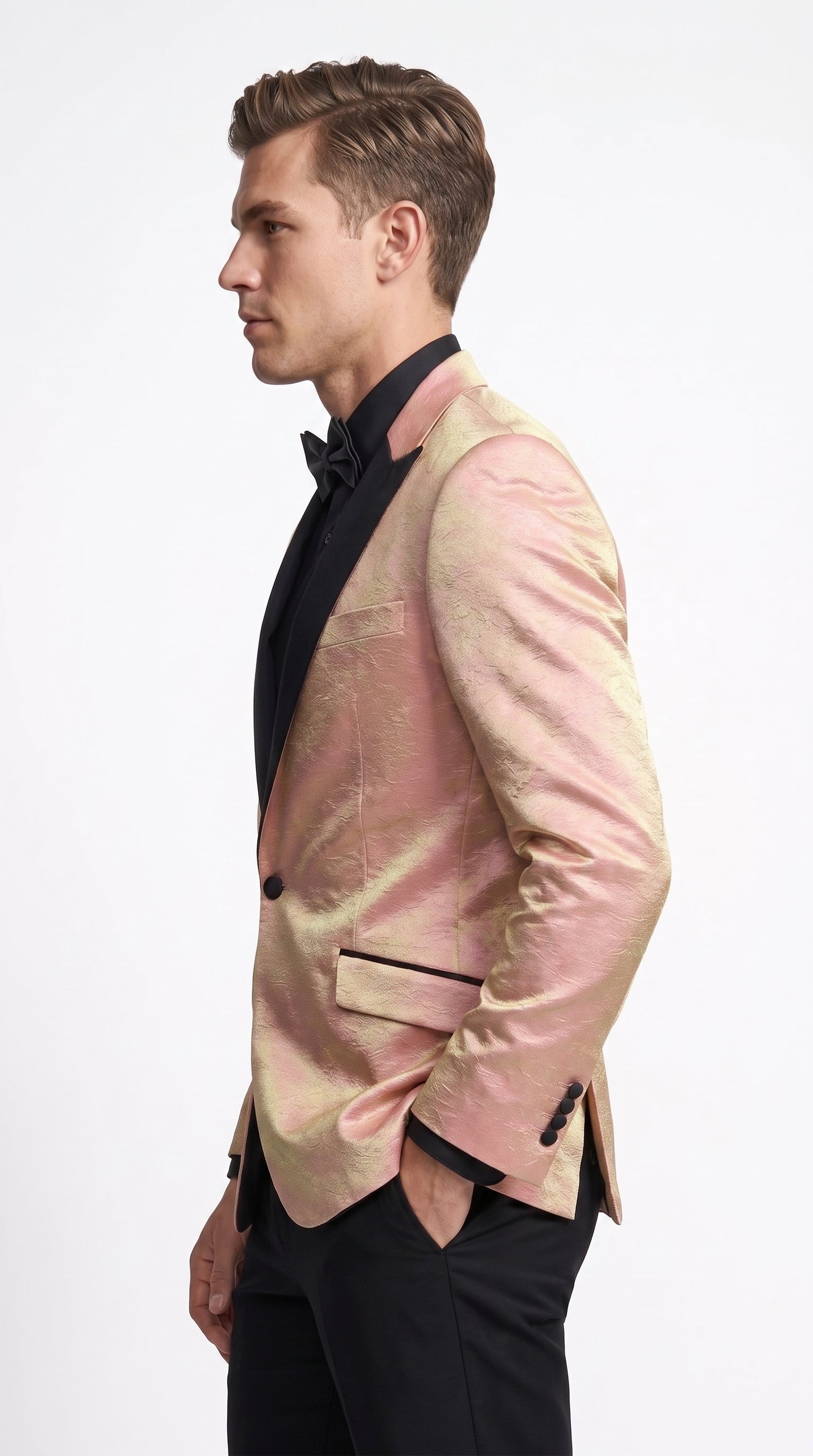 Men’s Rose Gold Tuxedo Jacket – Black Peak Lapel Wedding, Prom and Formal Dinner Blazer