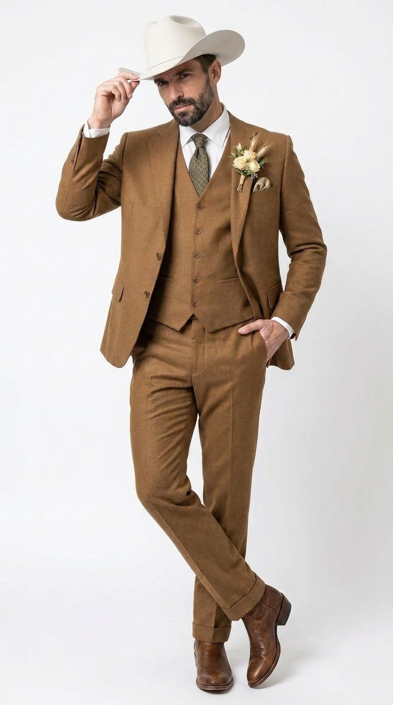 Men’s Tan Groom Outfit Country Wedding 3 Piece Suit Khaki Camel Color Modern Fit - 34 Short or Extra Small