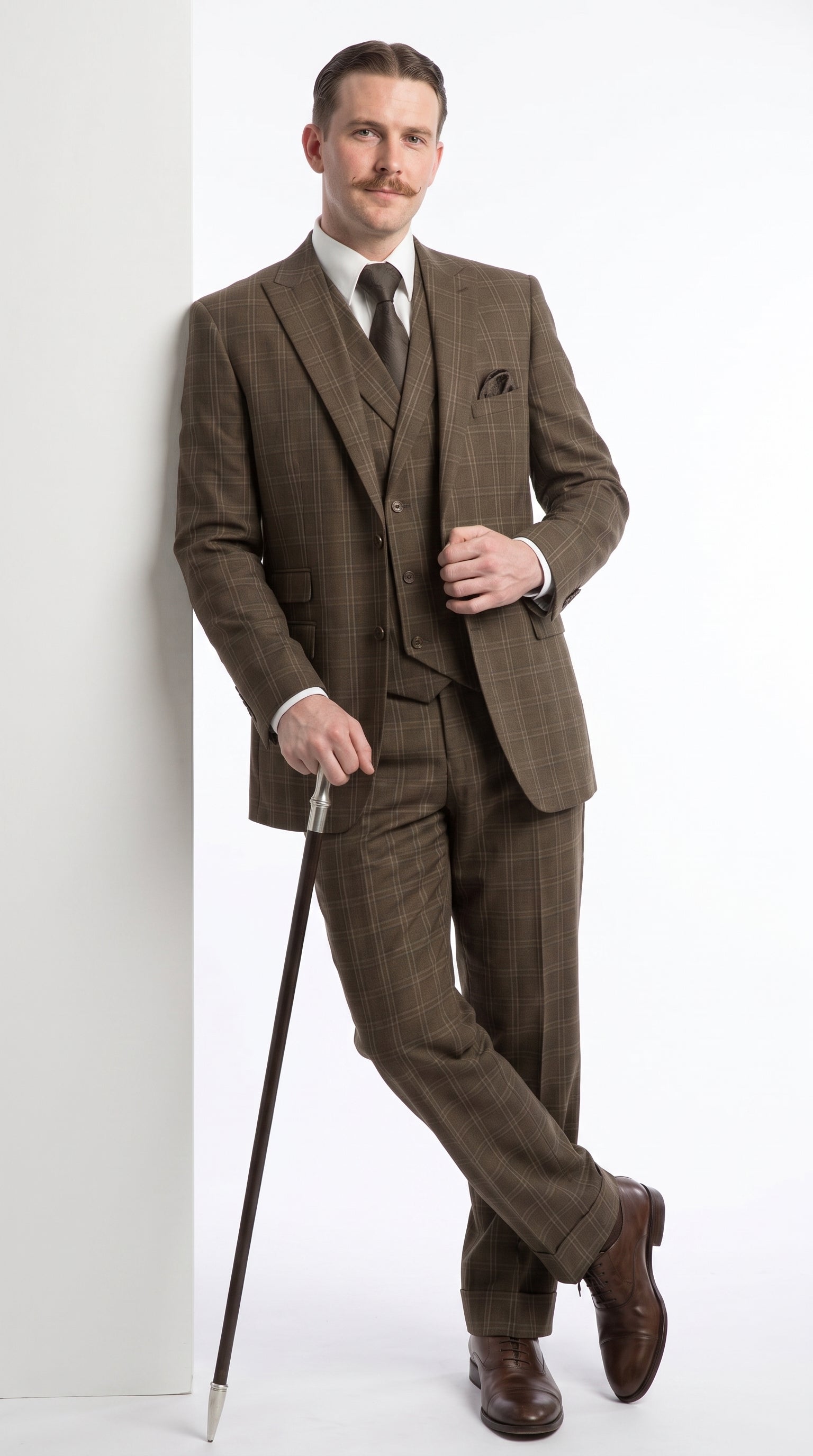 Men’s Edwardian Brown Plaid 3-Piece Suit – Vintage Double-Breasted Vest Wedding and Formal Suit - 34 Short or Extra Small