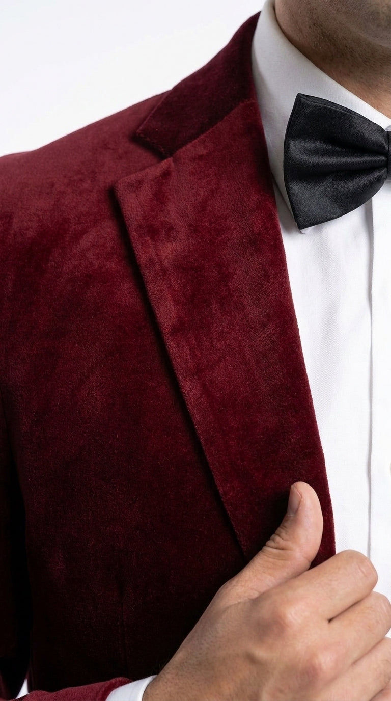 Men’s Gomez Addams Inspired Costume, Burgundy Velvet Blazer with Black Pants Formal Party Outfit Combo - 36 Short