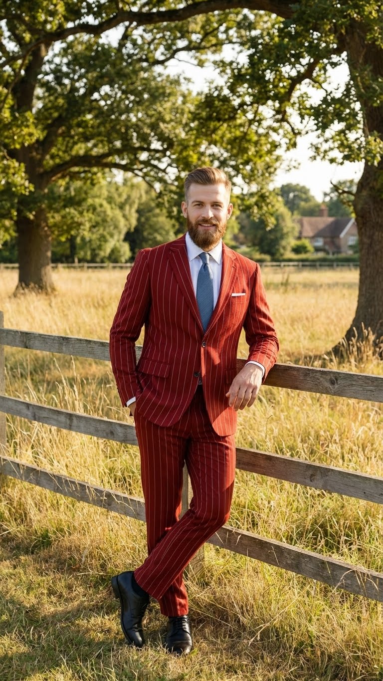 Menâ€™s Red Pinstripe Suit â€“ Stripe Two-Button Vested Suit 2 Buttons - 34 Short or Extra Small
