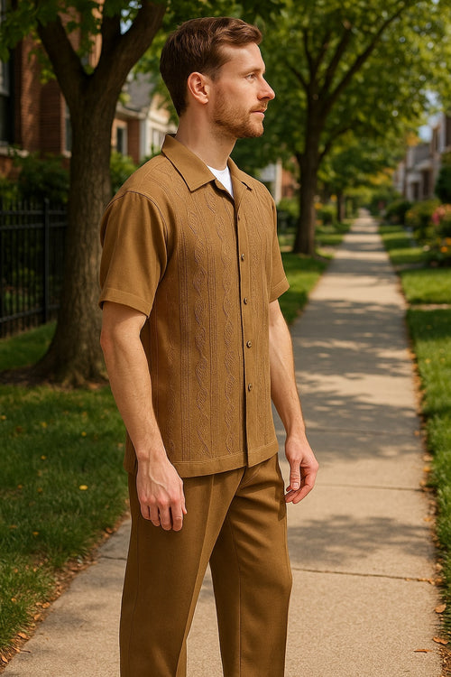 Mens Mocha Brown Short Sleeve Knit Walking Suit Two-Piece Casual Button Down Set in Taupe Coffee Color