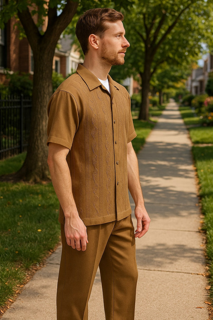 Mens Mocha Brown Short Sleeve Knit Walking Suit Two-Piece Casual Button Down Set in Taupe Coffee Color