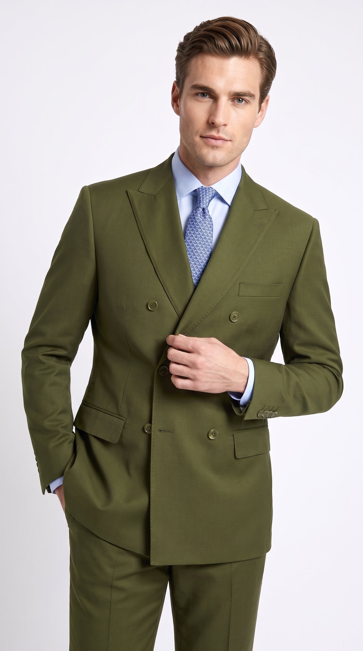 Men’s Olive Green Double-Breasted Suit – Classic Peak Lapel Wedding, Business Hunter Color - 34 Short or Extra Small