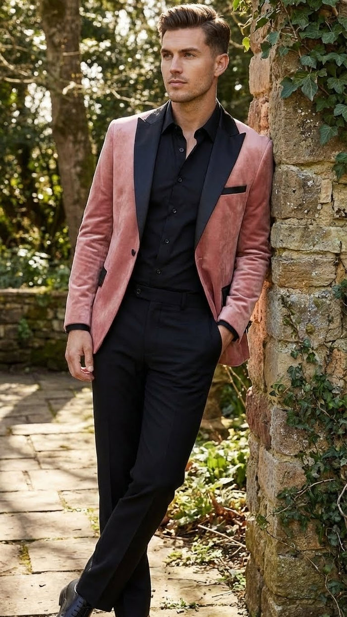 Mens Dusty Rose Pink Velvet Blazer with Black Satin Lapel | Formal Sport Coat in Mauve Color + Bowtie