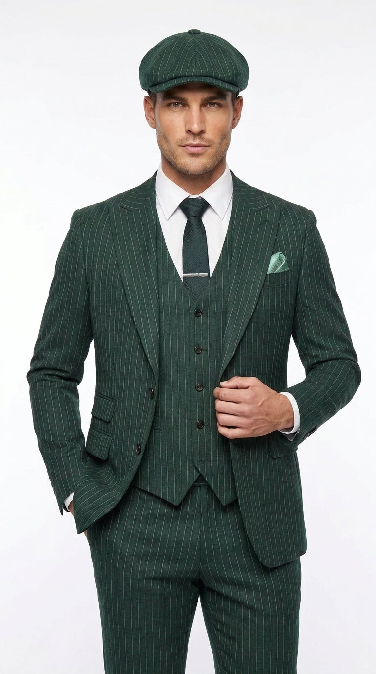 Men’s Hunter Green Pinstripe 3-Piece Suit – Vintage Wedding, Prom and Formal Suit with Matching Vest - 34 Short or Extra Small