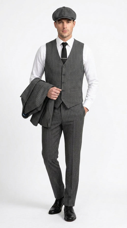 Men’s Thomas Shelby Peaky Blinders Gray Wool Suit Out fit Charcoal Grey Pinstripe 3-Piece  Vintage 1920s Suit