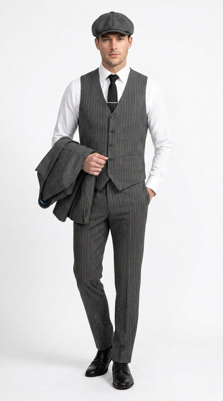 Men’s Thomas Shelby Peaky Blinders Gray Wool Suit Out fit Charcoal Grey Pinstripe 3-Piece  Vintage 1920s Suit