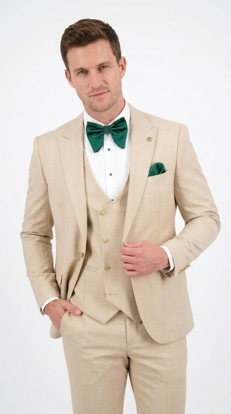 Men’s Khaki Tan 3-Piece Groomsmen Suit – Wedding Suit with Double-Breasted Vest and Pants Great Gatsby Style Gold buttons - 34 Short or Extra Small