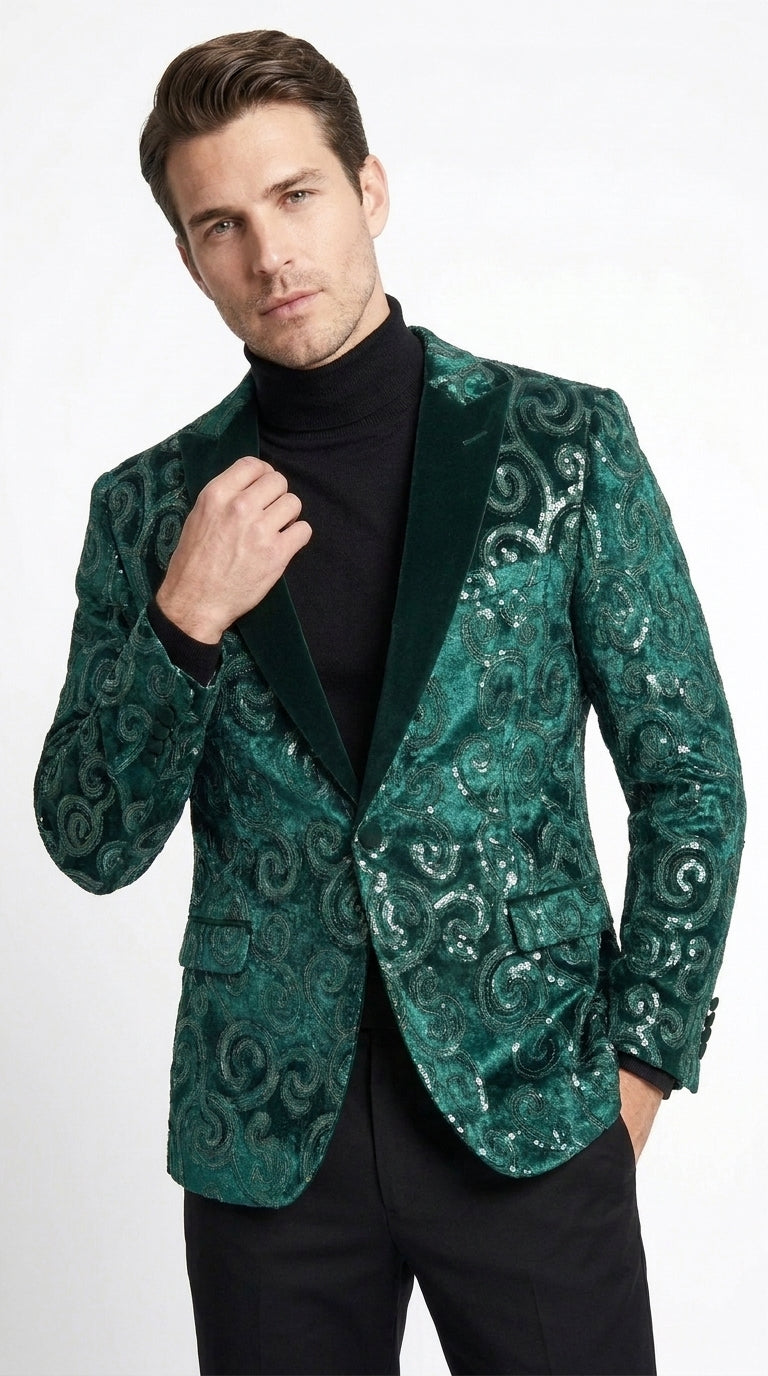 Men’s Emerald Green Paisley Dinner Jacket – Luxury Shawl Lapel Formal Blazer for Prom, Wedding & Tuxedo Events - 36 Short