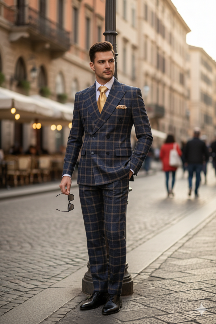 Mens Navy and Tan Windowpane Double-Breasted Suit | Classic 2-Piece Plaid Dress Suit, Business, and Formal Events By Rossiman