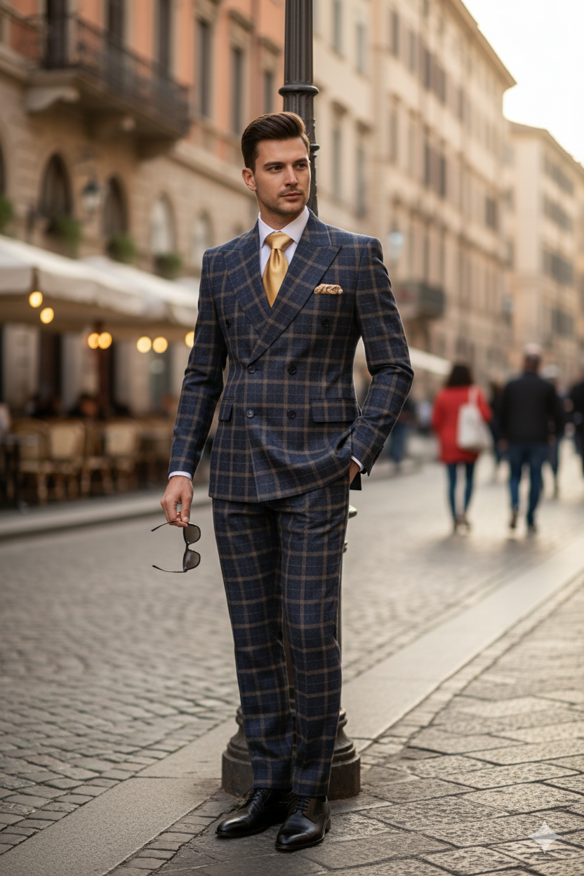 Men’s Navy and Tan Windowpane Double-Breasted Suit | Classic 2-Piece Plaid Dress Suit, Business, and Formal Events By Rossiman - 34 Short or Extra Small