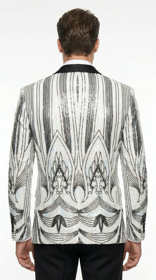 Men’s White and Black Patterned Tuxedo Blazer – Luxury Designer Dinner Jacket for Wedding, Prom and Formal Events New Year Christmas Holiday