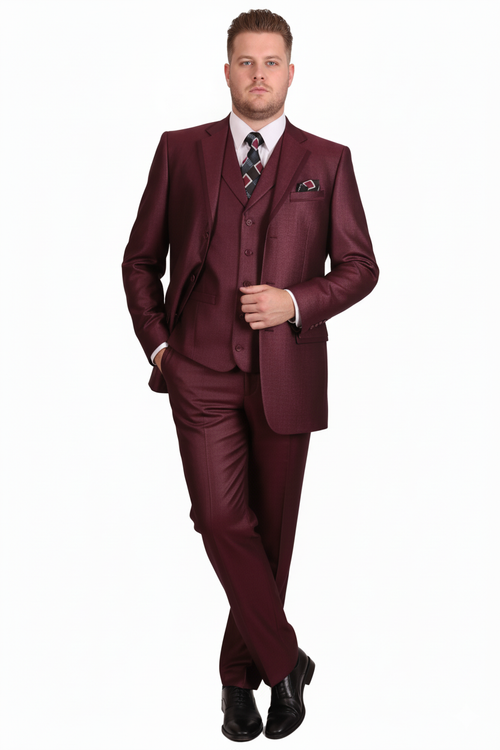 Mens Burgundy 3-Piece Suit Burgundy Three Buttons Vested Suit - Pleated Pants Classic Fit Athletic Cut