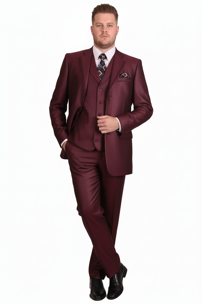 Mens Burgundy 3-Piece Suit Burgundy Three Buttons Vested Suit - Pleated Pants Classic Fit Athletic Cut