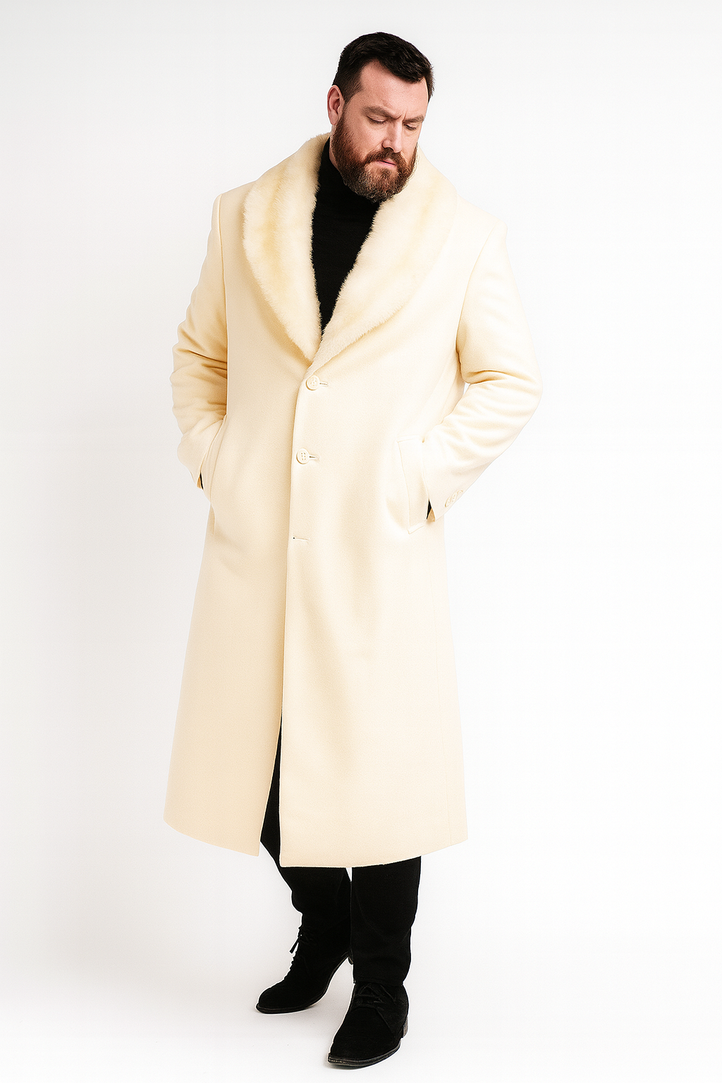 Men’s Ivory - Cream - Off White Full-Length Overcoat with Luxurious Faux Fur Shawl Collar – Winter Dress Coat - Coat Size 36