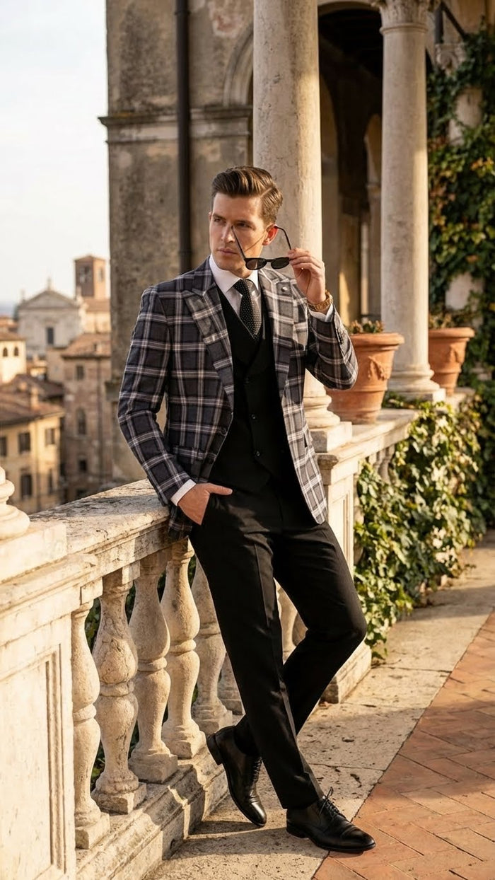 Mens Big and Tall Charcoal Gray and Black Plaid Blazer Grey Checker Windowpane Sport Coat