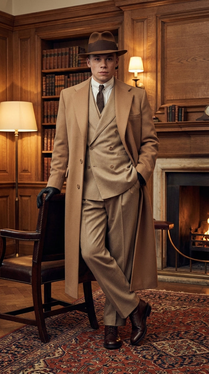 Mens Cashmere & Wool Camel Beige Long Overcoat Peaky Blinders Style Vintage Formal Coat + Suit + Hat Package